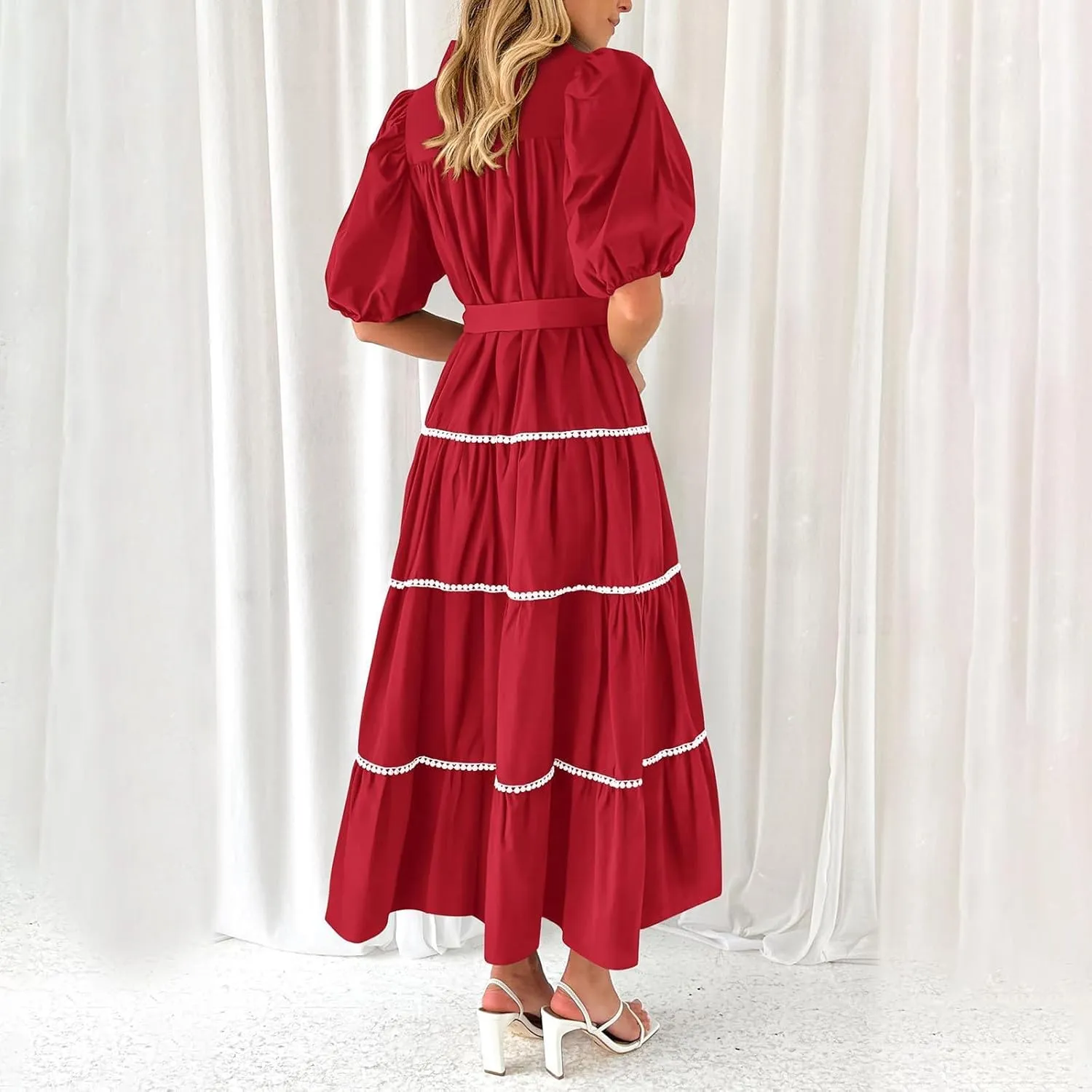 Women's Button Down Dress with Puff Sleeves Lace Trim Tiered Skirt Elegant Chic Summer Dressy Trendy Clothing 2025