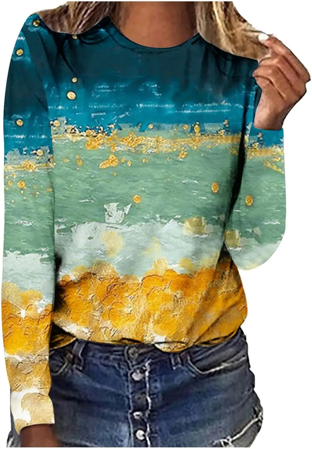 Womens Casual Pullover Tops Fashion Print Long Sleeve Crew Neck Basic Tee Shirts Fall Loose Light Weight Sweatshirts