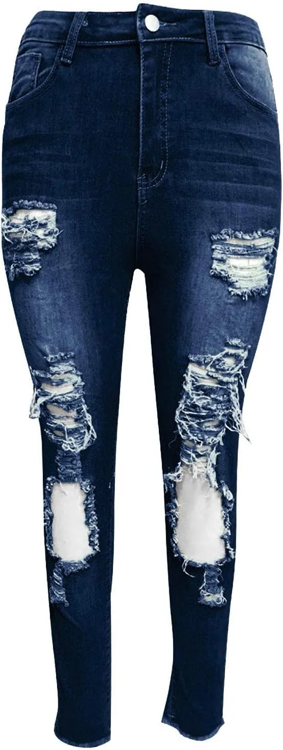 Womens Classic Skinny Jeans Ripped Distressed High Rise Stretch Pull On Butt Lifting Jegging Button Fly Jeans Denim