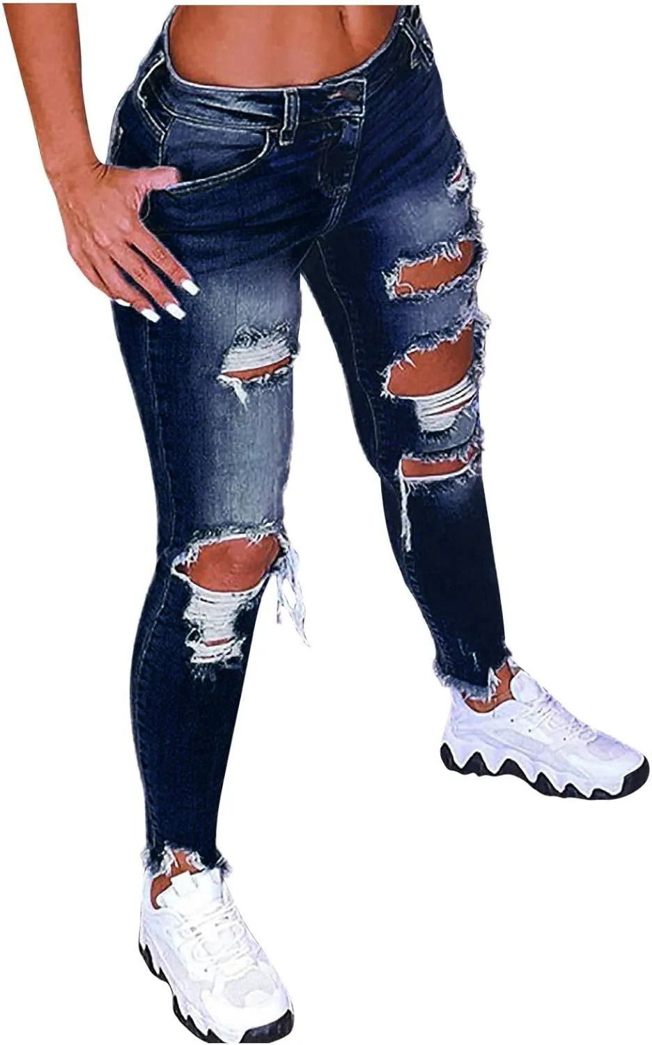 Womens Classic Skinny Jeans Ripped Distressed High Rise Stretch Pull On Butt Lifting Jegging Button Fly Jeans Denim