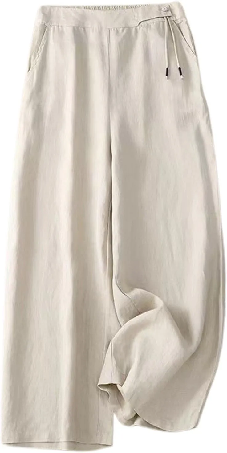 Women's Cotton Linen Palazzo Trousers Elastic Waist Wide Leg Capri Pants Summer Trendy Vacation Breathable Flowy Pant