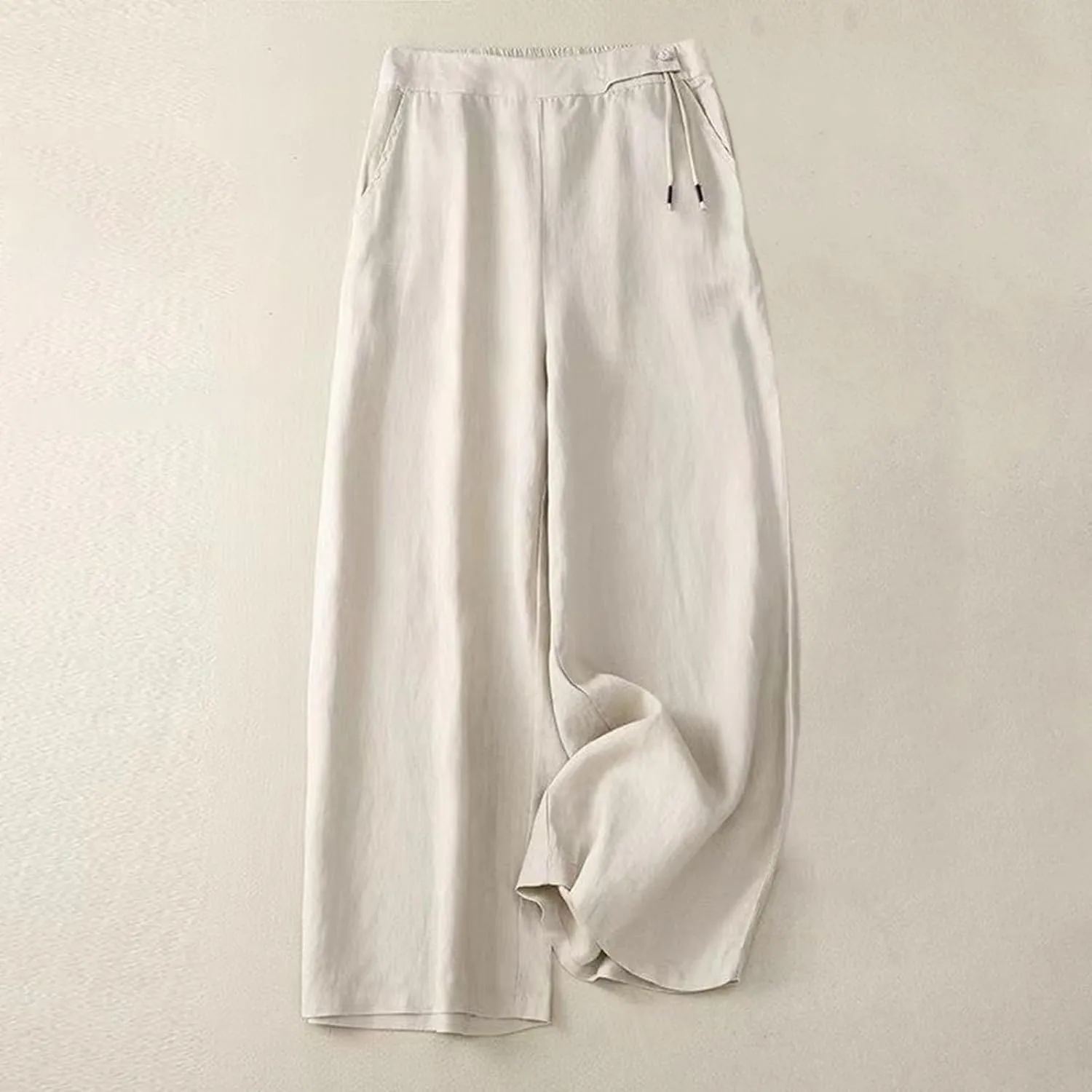 Women's Cotton Linen Palazzo Trousers Elastic Waist Wide Leg Capri Pants Summer Trendy Vacation Breathable Flowy Pant