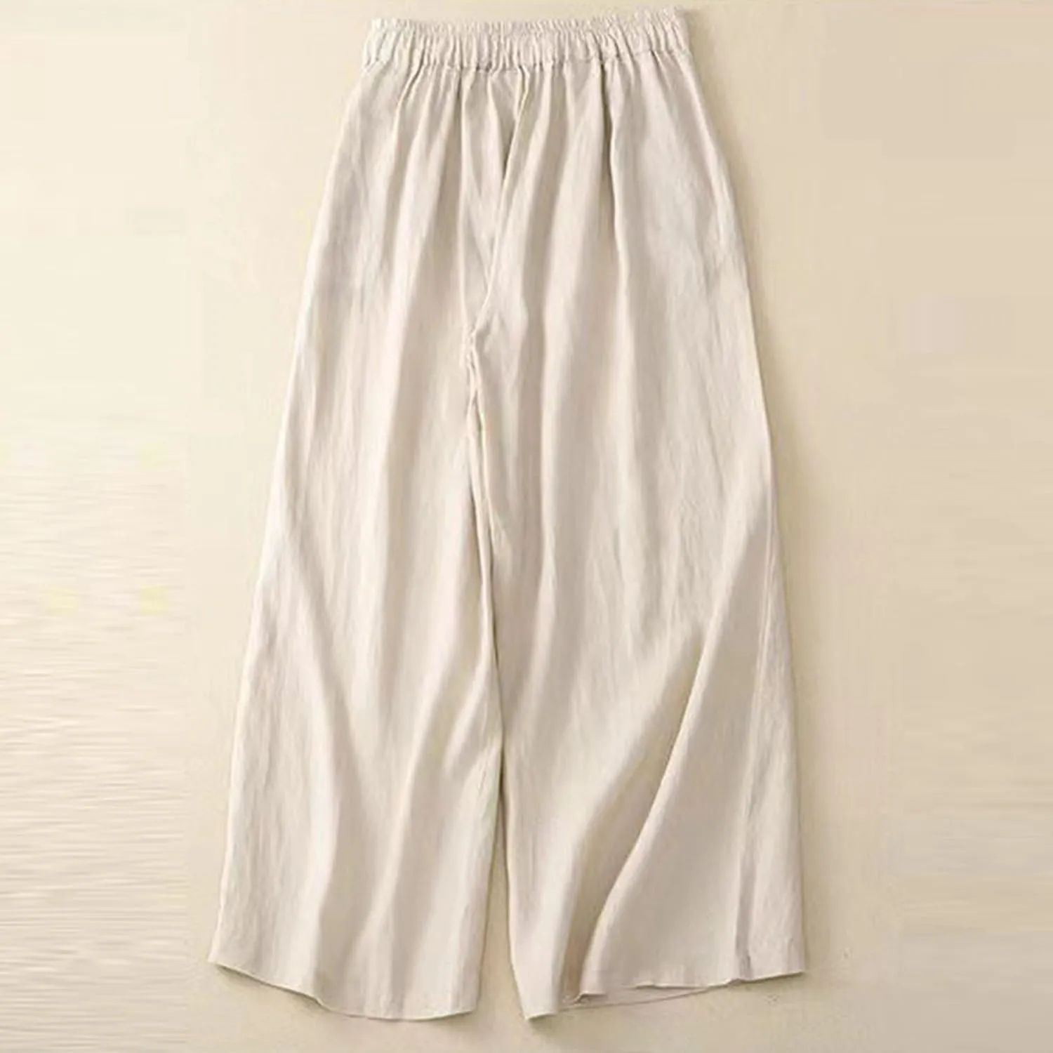 Women's Cotton Linen Palazzo Trousers Elastic Waist Wide Leg Capri Pants Summer Trendy Vacation Breathable Flowy Pant