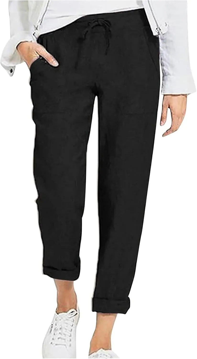 Womens Cotton Linen Pants Plus Size Loose Casual Pocket Straight Leg Pants Summer Comfy Breathable Trousers