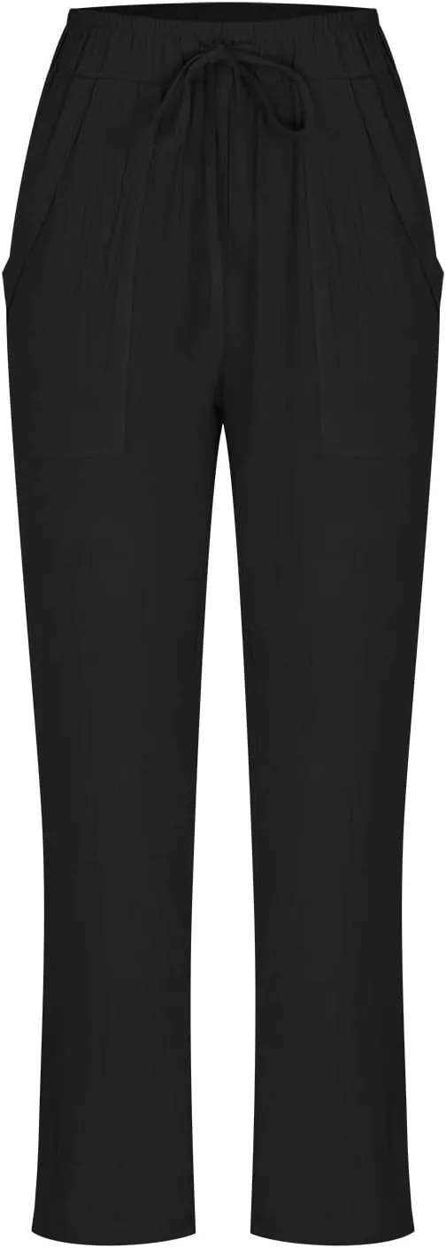 Womens Cotton Linen Pants Plus Size Loose Casual Pocket Straight Leg Pants Summer Comfy Breathable Trousers