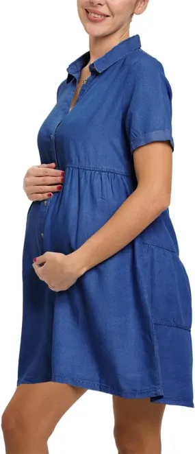 Women's Denim Maternity Dresses Button Down Babydoll Flowy Tiered Dress Casual Pregnancy Jean Dress