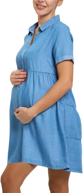 Women's Denim Maternity Dresses Button Down Babydoll Flowy Tiered Dress Casual Pregnancy Jean Dress