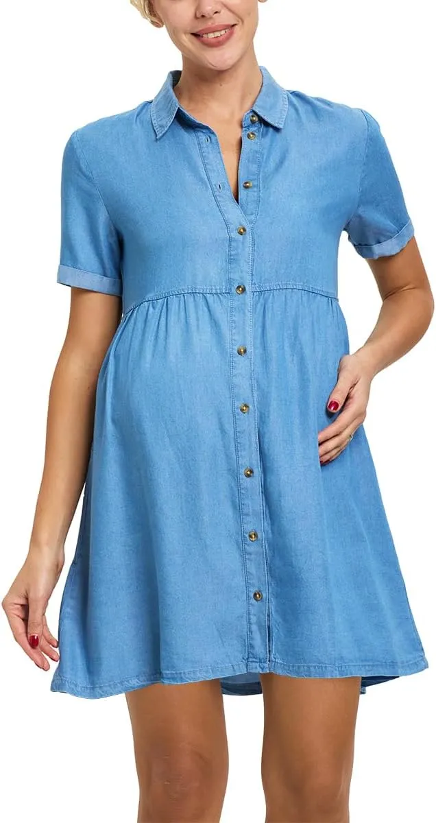 Women's Denim Maternity Dresses Button Down Babydoll Flowy Tiered Dress Casual Pregnancy Jean Dress