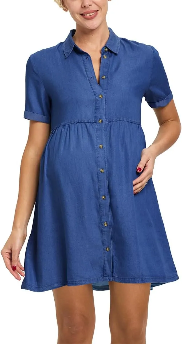 Women's Denim Maternity Dresses Button Down Babydoll Flowy Tiered Dress Casual Pregnancy Jean Dress