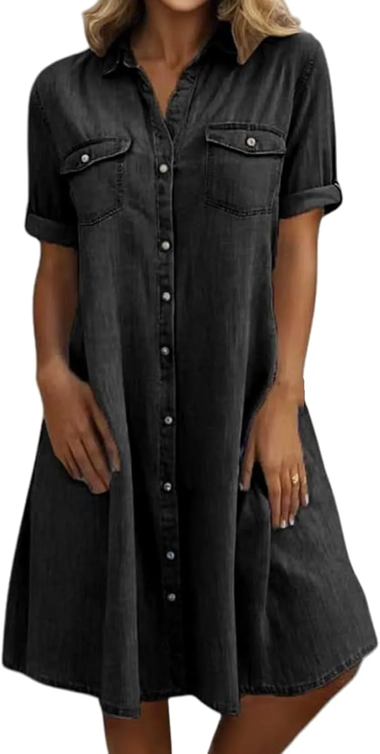 Womens Denim Shirt Dress 2025 Summer Casual Lapel V Neck Button Down Short Sleeve Midi Dresses Jean Dress