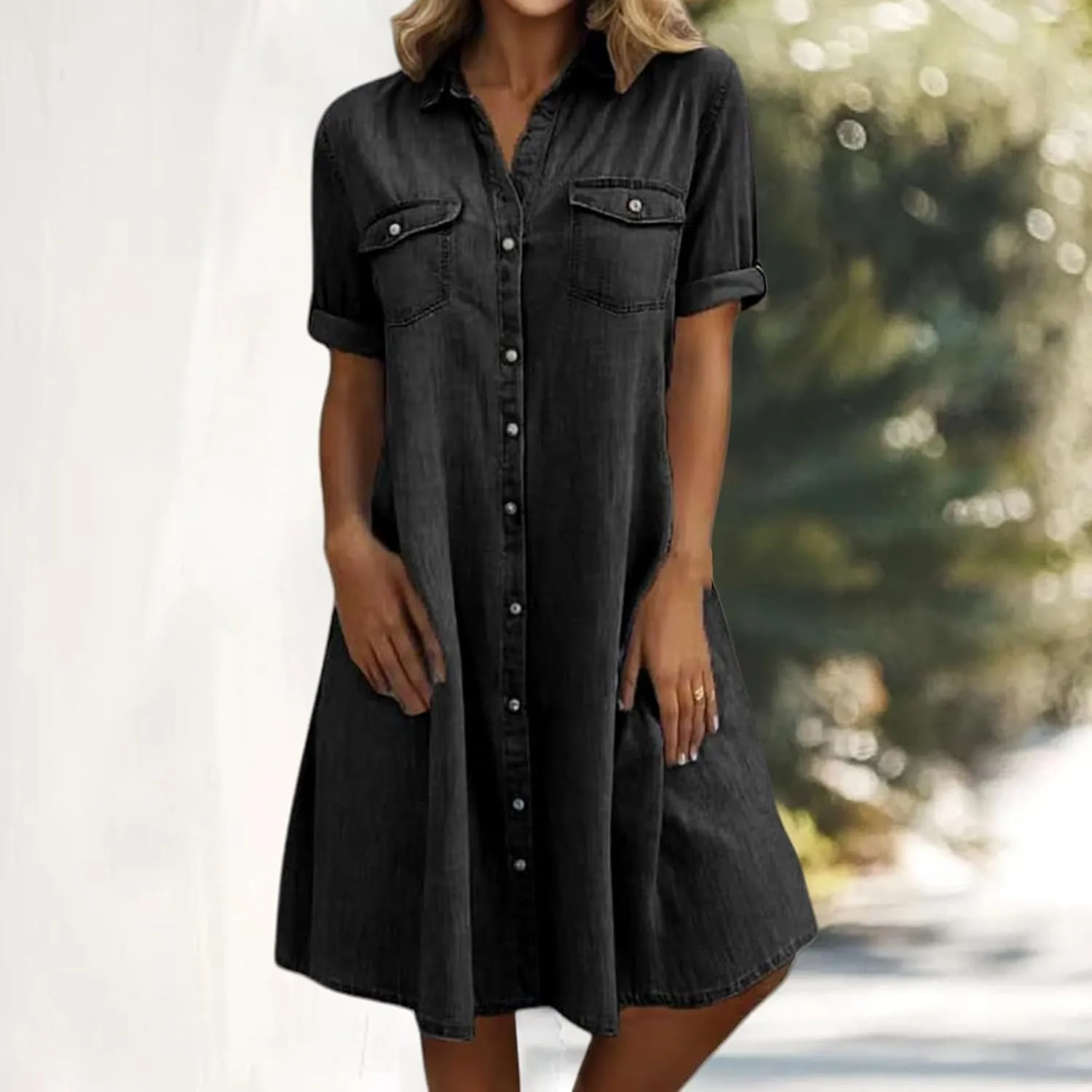 Womens Denim Shirt Dress 2025 Summer Casual Lapel V Neck Button Down Short Sleeve Midi Dresses Jean Dress