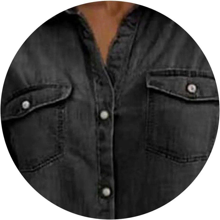 Womens Denim Shirt Dress 2025 Summer Casual Lapel V Neck Button Down Short Sleeve Midi Dresses Jean Dress