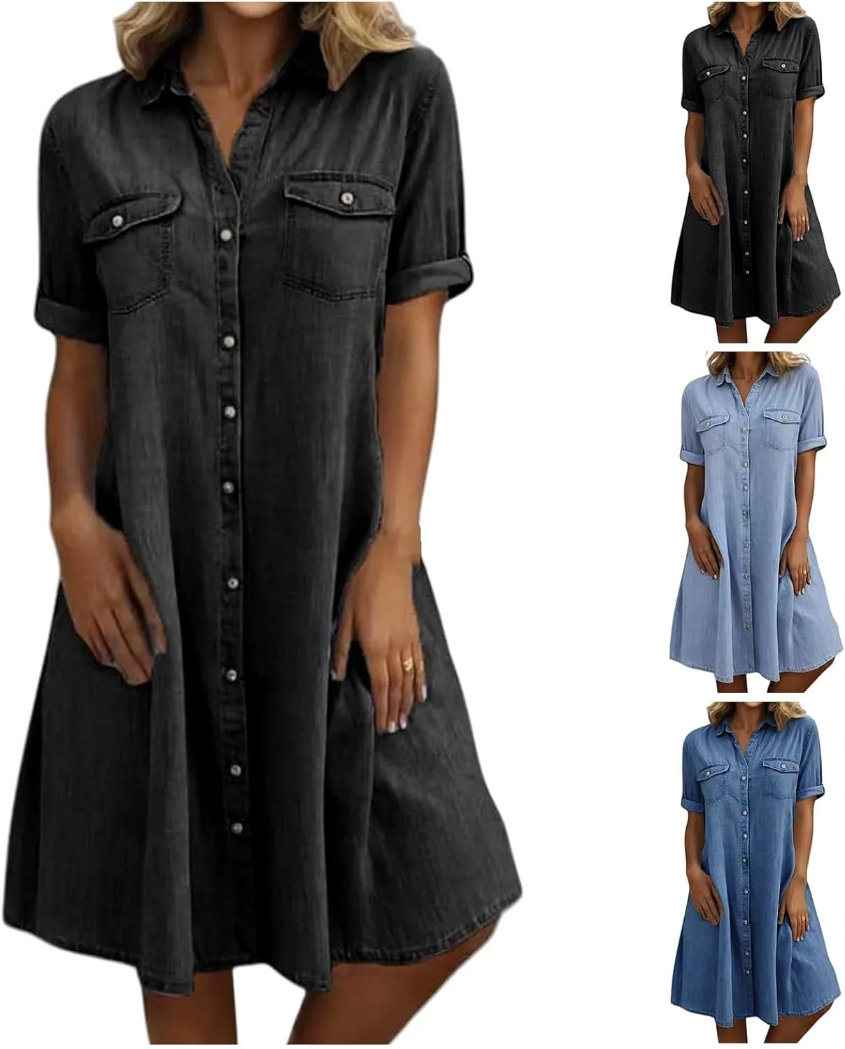 Womens Denim Shirt Dress 2025 Summer Casual Lapel V Neck Button Down Short Sleeve Midi Dresses Jean Dress