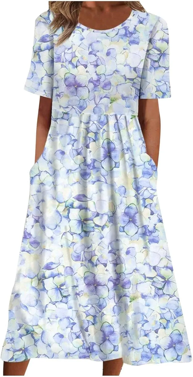 Womens Floral Midi Dress with Pockets Casual Summer T Shirts Dress Elegant Pleated Dress Cute Trendy A-Line Sun Dress