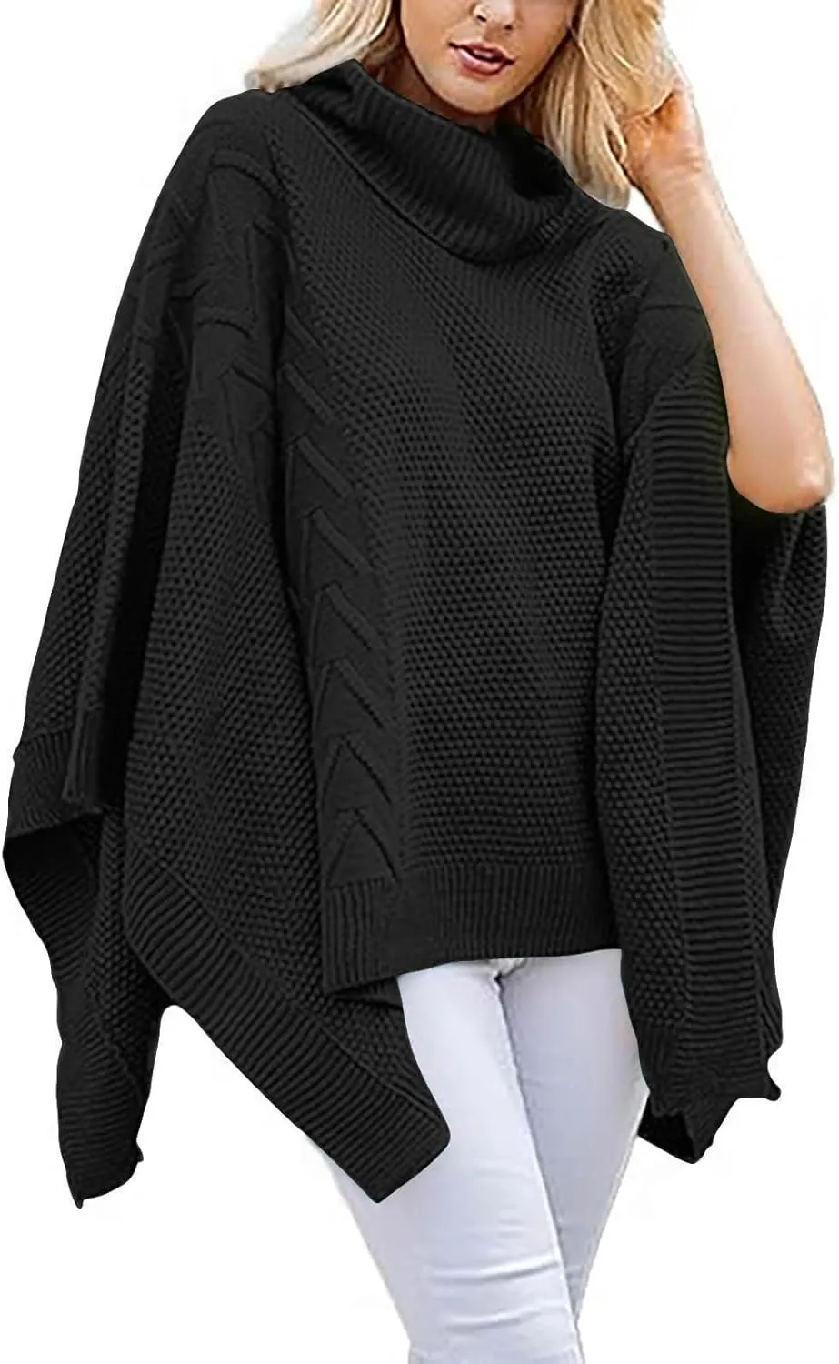 Womens Plus Size Poncho Sweater Oversized Chic Turtleneck Batwing Sleeve Asymmetric Knitted Pullover Shawl Wrap Cape