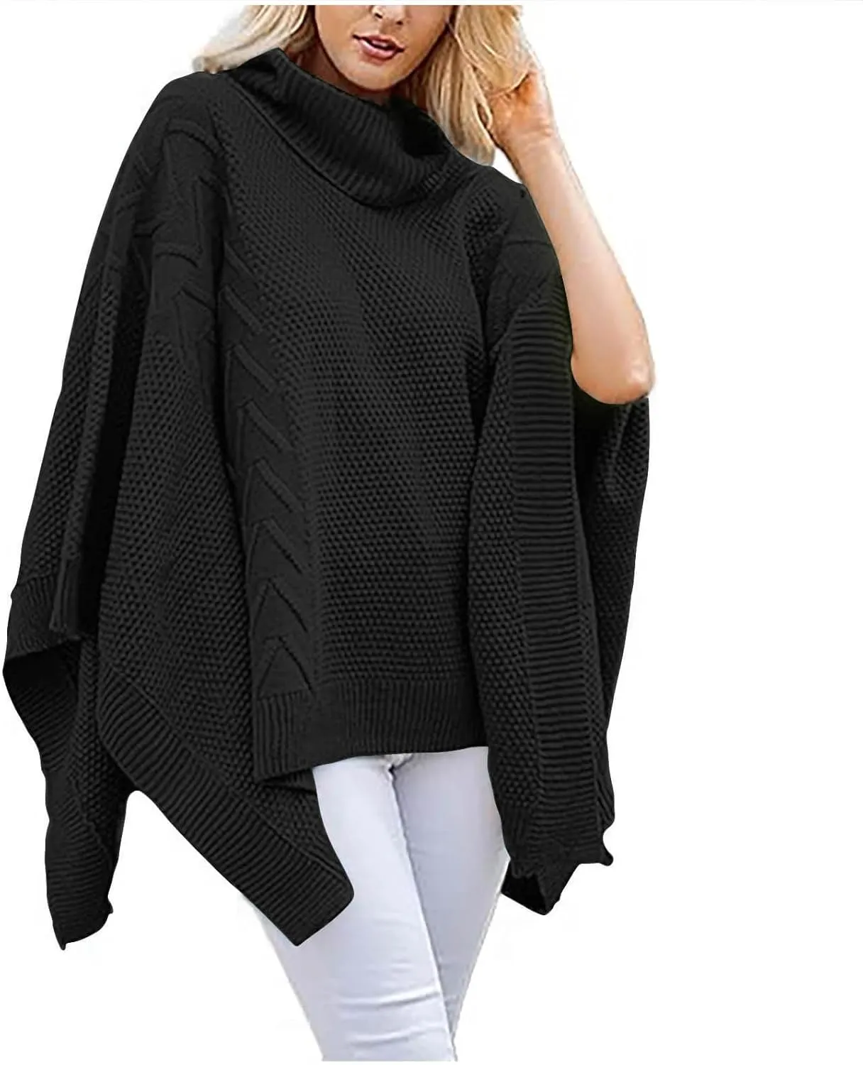 Womens Plus Size Poncho Sweater Oversized Chic Turtleneck Batwing Sleeve Asymmetric Knitted Pullover Shawl Wrap Cape