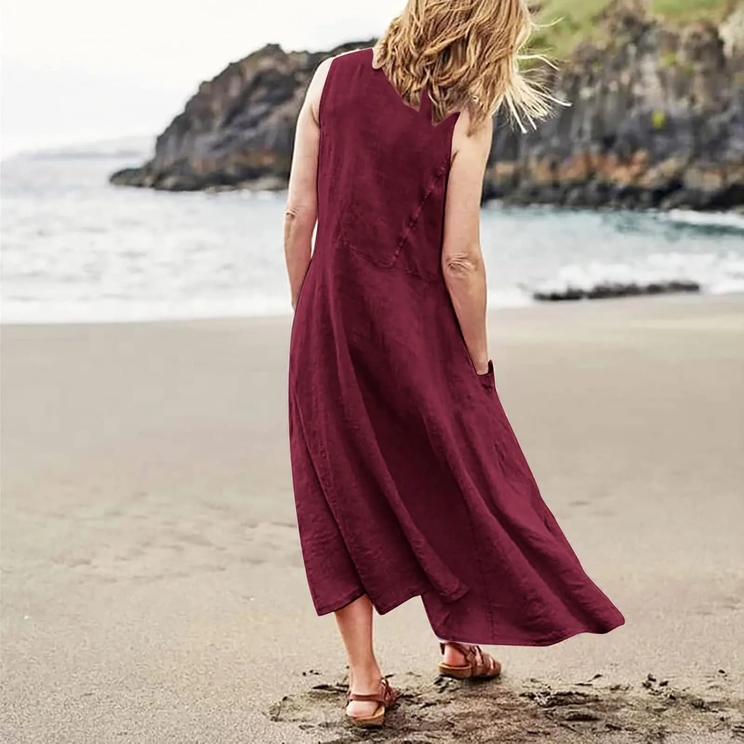 Women's Plus Size Summer Dresses Beach Sleeveless Cotton Linen Maxi Dress Flowy Boho Chic Casual Wear with Pockets