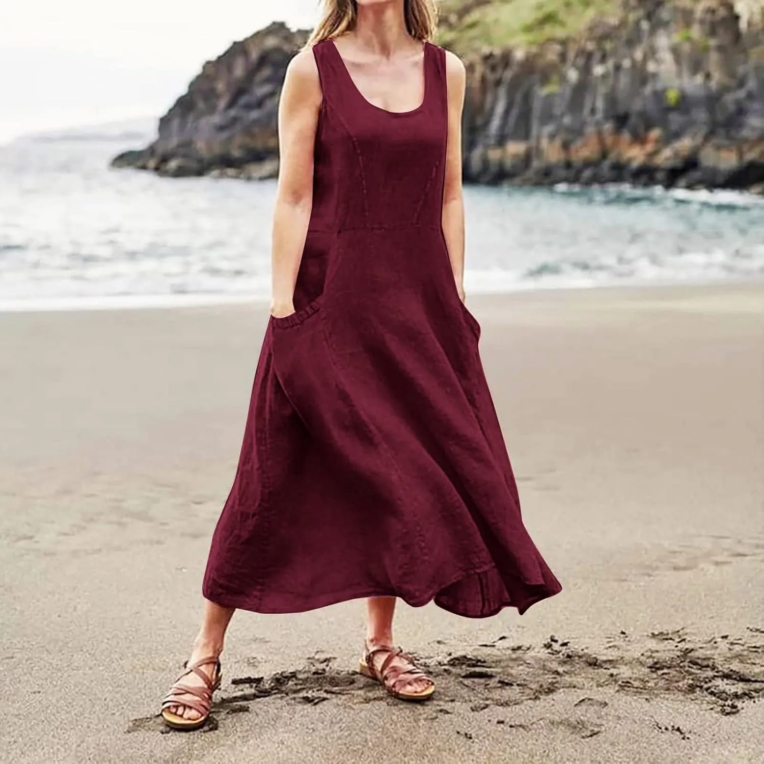 Women's Plus Size Summer Dresses Beach Sleeveless Cotton Linen Maxi Dress Flowy Boho Chic Casual Wear with Pockets