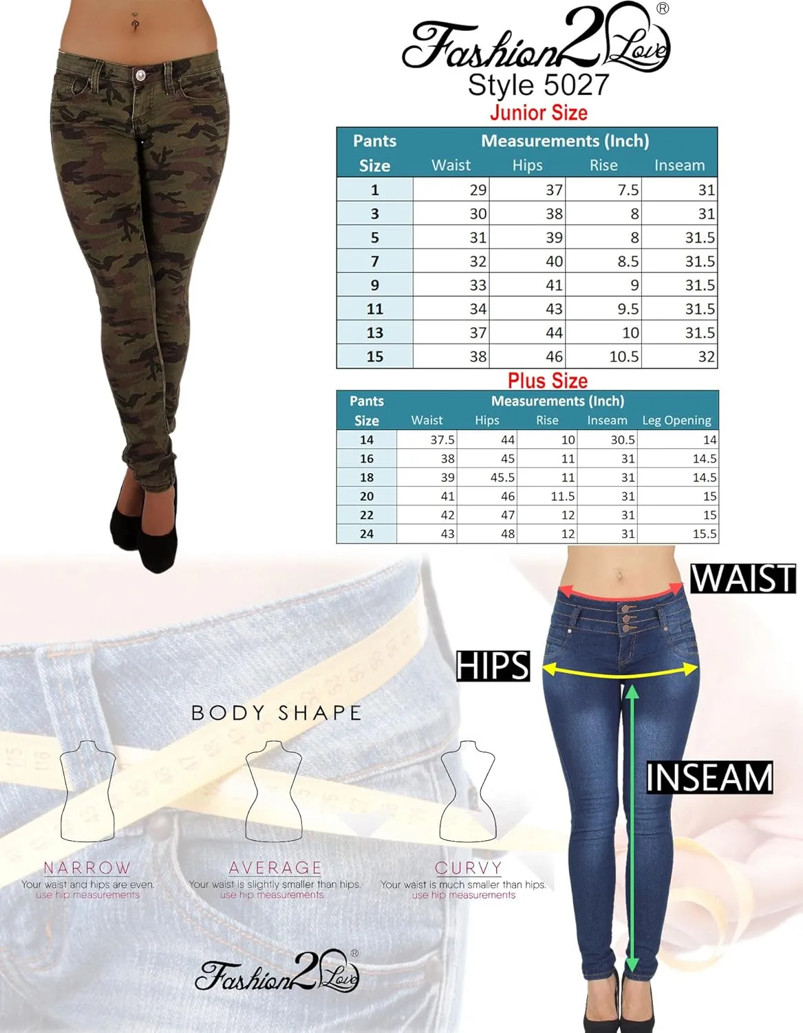 Women`s Plus/Junior Size Classic 5 Pockets Camouflage Skinny Jeans