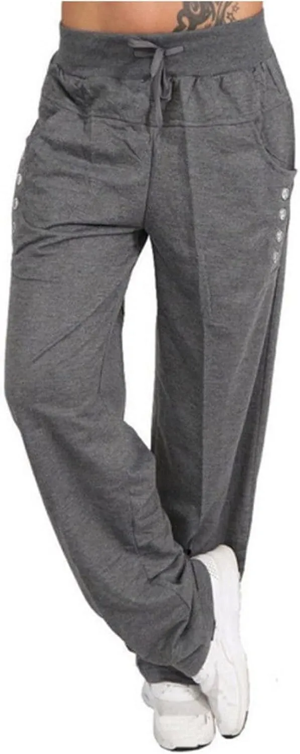 Womens Solid Color Wide Leg Sports Straight Trousers Jogging Comfy Breathable Loose Casual Baggy Drawstring Pants