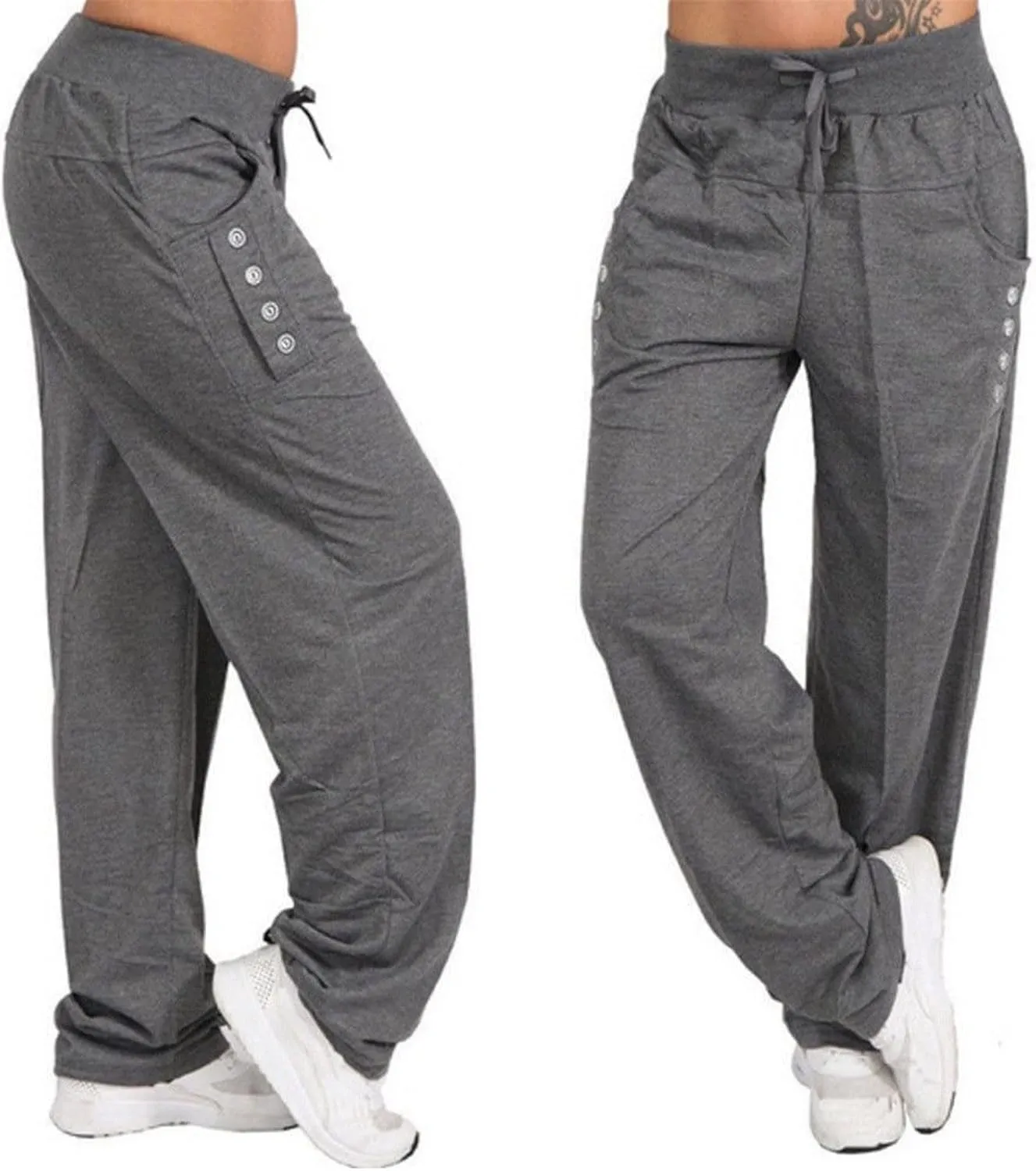 Womens Solid Color Wide Leg Sports Straight Trousers Jogging Comfy Breathable Loose Casual Baggy Drawstring Pants