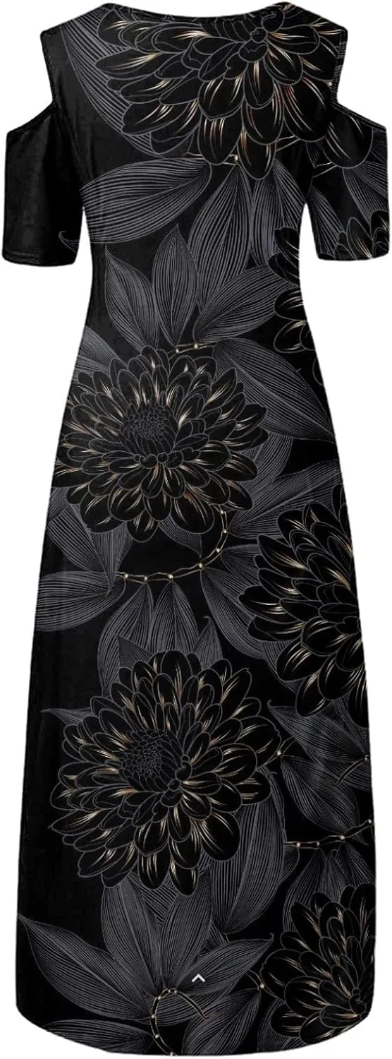 Womens Summer Dress Plus Size Casual Floral Shoulder Maxi Dress Loose Short Sleeve Crewneck High Waist A Line Dress
