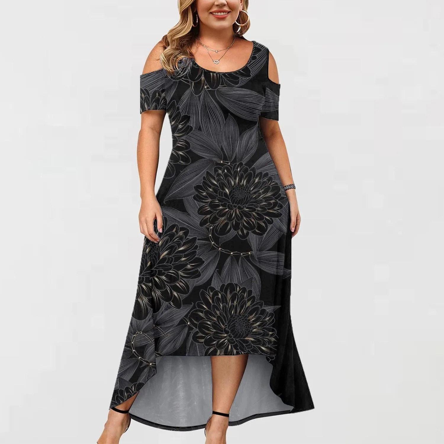 Womens Summer Dress Plus Size Casual Floral Shoulder Maxi Dress Loose Short Sleeve Crewneck High Waist A Line Dress