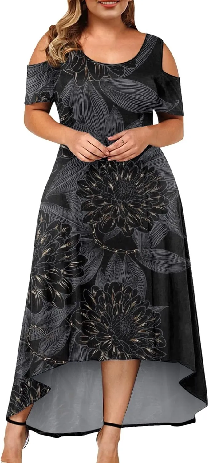 Womens Summer Dress Plus Size Casual Floral Shoulder Maxi Dress Loose Short Sleeve Crewneck High Waist A Line Dress