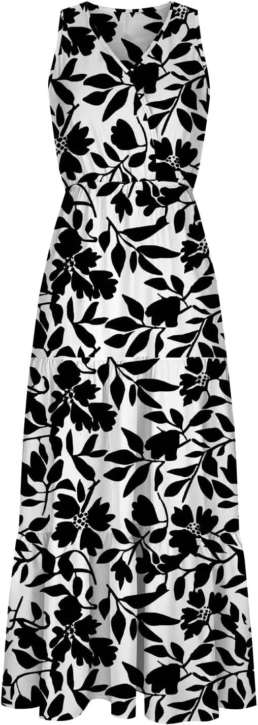 ZYXTIM Women's 2024 Summer Floral Boho Dress V Neck Elastic Waist Slim Fit Long Maxi Dress Beach Vacation Travel Guest Dress