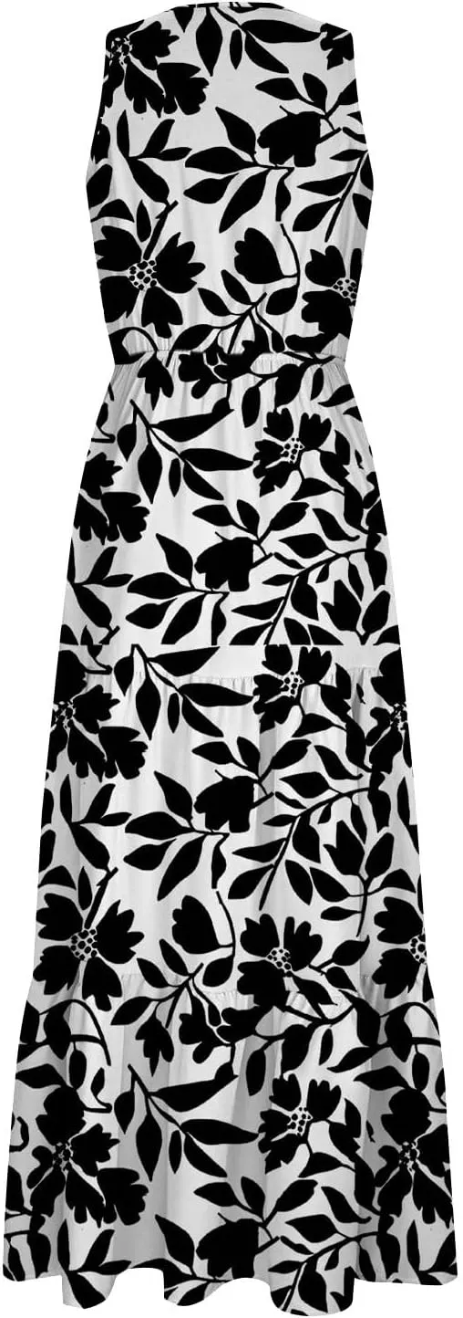 ZYXTIM Women's 2024 Summer Floral Boho Dress V Neck Elastic Waist Slim Fit Long Maxi Dress Beach Vacation Travel Guest Dress