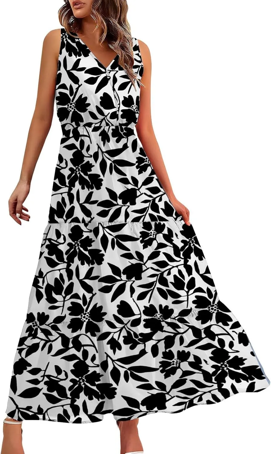 ZYXTIM Women's 2024 Summer Floral Boho Dress V Neck Elastic Waist Slim Fit Long Maxi Dress Beach Vacation Travel Guest Dress