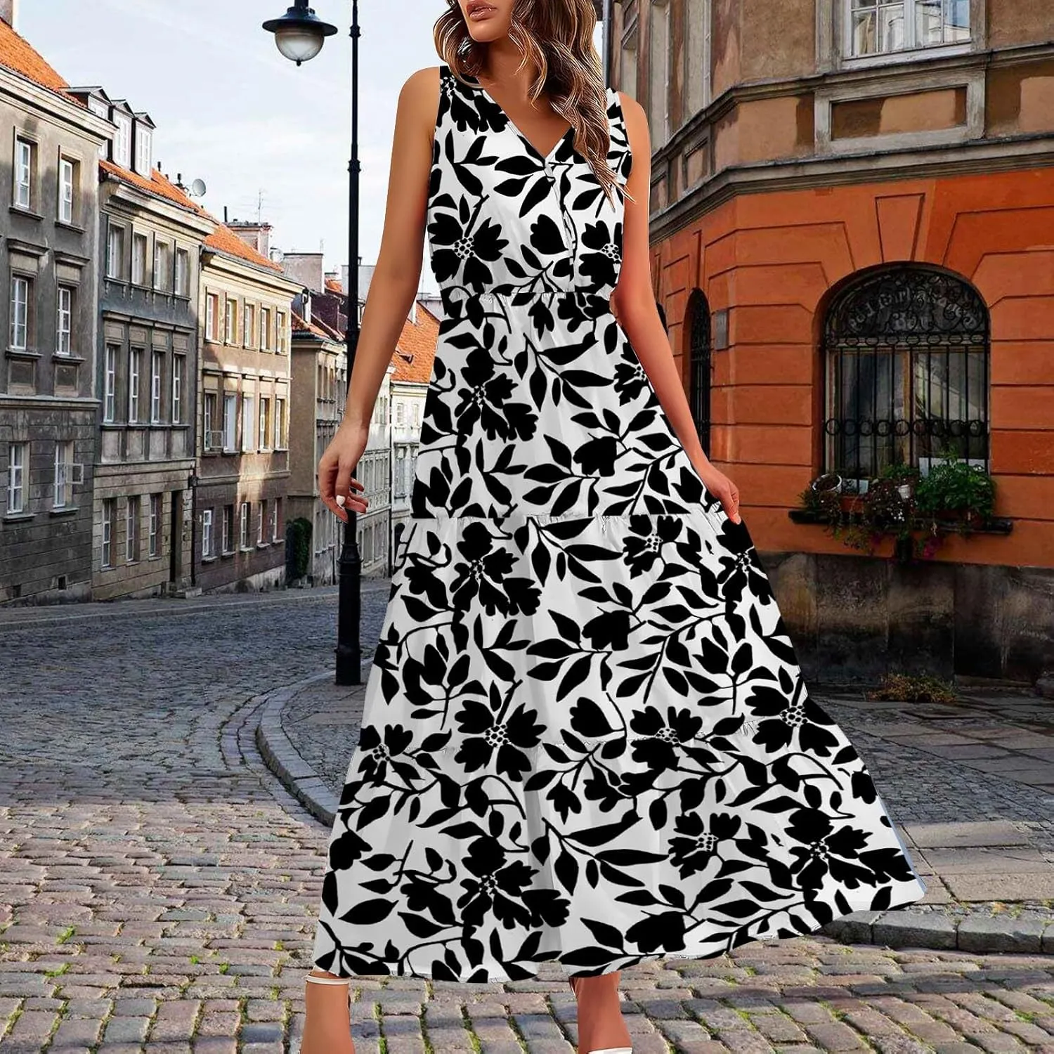ZYXTIM Women's 2024 Summer Floral Boho Dress V Neck Elastic Waist Slim Fit Long Maxi Dress Beach Vacation Travel Guest Dress
